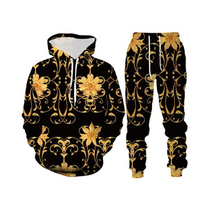 Ensemble de survêtement unisexe noir et or à motifs floraux, sweat à capuche et pantalon de jogging décontracté pour l'automne, manches longues, pantalon à cordon avec poches latérales - Product Image 1