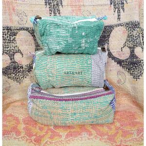 Indian kantha cotton cosmetic pouch set of 3 Toiletry bag <b>Makeup</b> pouch Accessory <b>case</b> Women's travel bag Handmade Kantha - Product Image 6