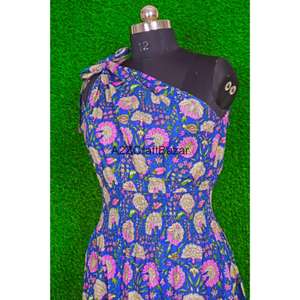 Tunique mi-longue moulante décontractée sexy à épaules dénudées, 100 % coton, faite à la main, imprimé floral écologique, pour fêtes et plage - Product Image 4