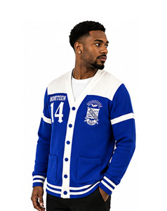 Cárdigan de Hombre Azul Rey de Alta Demanda para Invierno, con Bordado Chenille HBCU, Tejido de Algodón, Cuello en V, Manga Larga, Antiencogimiento - Product Image 2