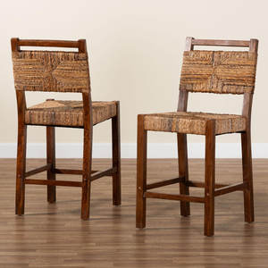 Natural Seagrass and Mahogany <b>Wood</b> 2-Piece <b>Counter</b> <b>Stool</b> Set Woven Seating Bar <b>Stools</b> - Product Image 1