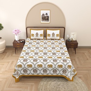 Gulmohar Premium <b>King</b> <b>Size</b> Cotton <b>Bed</b> <b>Sheet</b> <b>Set</b> Elephant Tree Pattern with Matching Pillow Covers - Product Image 1