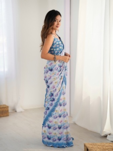 Sari de chinnon azul con estampado digital de diseño floral para mujer, ideal para bodas, con diseño estampado. - Product Image 3