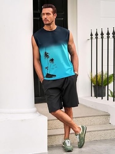 Débardeur sans manches dégradé pour homme, col rond, imprimé décontracté, respirant, en polyester tricoté, motif palmier bleu et noir - Product Image 6