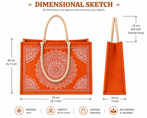 Orange Mandala Printed Jute <b>Mini</b> <b>Tote</b> <b>Bag</b> Eco Friendly Reusable Magnetic Closure Ethnic Block Print for Wedding Party Groceries - Product Image 5