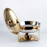 Plat à réchaud classique haut de gamme en acier inoxydable doré miroir, chauffe-plats de buffet rond avec couvercle suspendu à piliers arqués, écologique