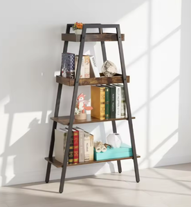 Industrial 4 Tier Ladder Bookshelf <b>Rustic</b> Wood and Black Metal Frame Display Storage Rack for Home Office Decor - Product Image 2