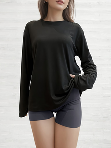 Camiseta de Manga Larga Oversize para Mujer, 100% Algodón Orgánico, Color Sólido, Corte Regular, Cuello Redondo, Estilo Casual, Venta al Por Mayor - Product Image 3