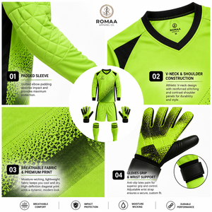 Ensemble d'uniformes de gardien de but de football vert néon, orange, jaune, noir, maillot à manches longues, short, gants, chaussettes, ensemble OEM Pro Training - Product Image 6