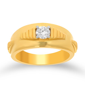 Striped Charm <b>Men</b> Solitaire <b>Ring</b> 18K Yellow Gold <b>Men's</b> Round Brilliant Cut Solitaire Diamond Signet <b>Ring</b> Classic Grooved - Product Image 1
