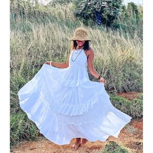 Robe longue blanche bohème pour femme, sans manches, à fines bretelles, à volants superposés, pour l'été, la plage et les vacances, naturelle et lavable - Product Image 2