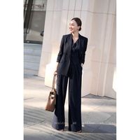 Q737 Kadın Günlük Yaz İnce Çizgili Blazer Pantolon Takımı Kısa Kollu Kontrast Renkli Orta Bel Geniş Paça Pantolon Vietnam Toptan Satış