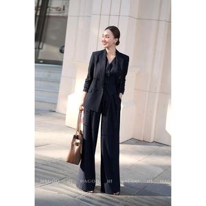 Q737 <b>Women</b> Casual Summer Pinstripe Blazer <b>Trousers</b> Set Short Sleeve Contrast Color Mid Waist Wide Leg Pants <b>Suit</b> Office - Product Image 4