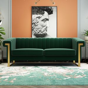 Divano Moderno FX P81 RG2 Retro Verde a 3 Posti in Velluto Crema con Elegante Trapuntatura a Canali e Dettagli Dorati per Soggiorno - Product Image 1