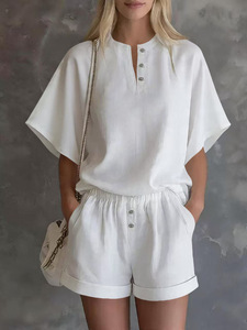 Conjunto de Dos Piezas de Verano para Mujer, Color Sólido, Informal, Top de Manga Corta con Detalle de Botones, Corte Holgado, Largo por Encima de la Rodilla - Product Image 4