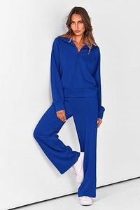 Ensemble de sweat-shirts bleus à col zippé, manches longues, tricotés, couleur unie, coupe ample, décontractés, pour l'automne, unisexe, avec poche et col en V - Product Image 4