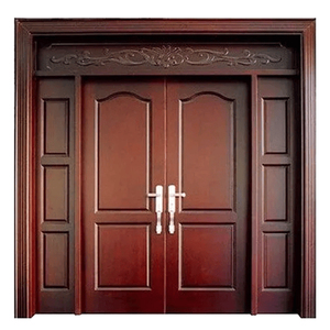 Porte d'entrée principale double en bois massif sur mesure avec panneau incurvé sculpté et panneaux latéraux GA-55S - Product Image 1
