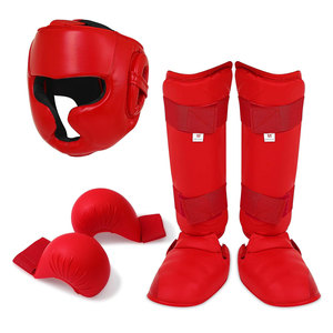 Ensemble de protection complet pour la boxe et le karaté, 5 pièces, rouge : casque de sécurité, 2x gants de karaté, 2x protège-tibias et chaussures. - Product Image 1
