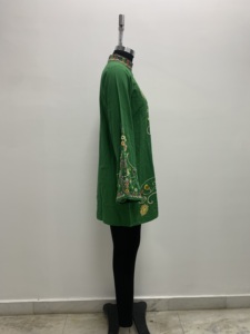 Vestido Túnica Estilo Chino Verde Vintage, Bordado a Mano con Flores, Cuello Alto, Holgado, Midi, Otoño - Product Image 3