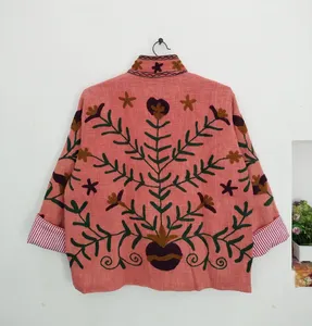 Chaqueta Bordada Suzani Rosa Hecha a Mano para Mujer, Estilo Boho Chic, Chaqueta Abierta de Algodón, Chaqueta Vintage con Bordado Floral, Chaqueta de Manga Larga - Product Image 4