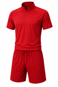 Men's Red Quarter-<b>Zip</b> Short Sleeve Top With Drawstring Shorts Set Solid Color Sporty Style Quick Dry Knitted Polyester Summer - Product Image 2
