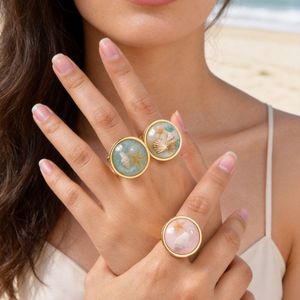 French Vintage Stainless Steel Resin <b>Ring</b> with Ocean Blue <b>Turquoise</b> Starfish Pearl for Women Summer Beach Jewelry - Product Image 2