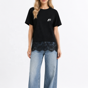 T-shirt personnalisé pour femme, coupe oversize, col rond, manches courtes, ourlet en dentelle, haut décontracté et tendance, en polyester doux et respirant - Product Image 4