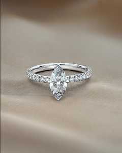 Custom Marquise Lab Grown Diamond Engagement <b>Ring</b> 14K 18K Solid <b>Gold</b> Half Bezel <b>Set</b> Solitaire Round Pave Anniversary Jewelry - Product Image 1