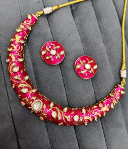 Ensemble collier et boucles d'oreilles personnalisés en or plaqué Meenakari avec pierres en zircon pour femmes, bijoux de mariage et d'anniversaire - Product Image 6