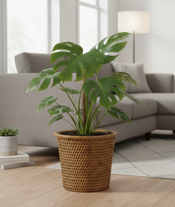 Cesta de mimbre natural tejida a mano, redonda, con borde enrollado, para plantas de interior y exterior, de Vietnam. - Product Image 5