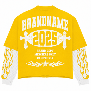 เสื้อยืดสตรีทแวร์ผู้ชายแบบสองชั้น ล้างสีด้วยกรด พิมพ์ลายสกรีน คอกลม ผ้าวาฟเฟิล แขนยาว ไซส์ใหญ่พิเศษ - Product Image 2