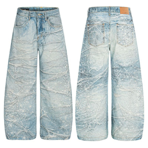 Vaqueros con estampado gráfico de pedrería, corte holgado, diseño personalizable, lavado vintage, corte tipo barril, vaqueros de mezclilla estilo streetwear, pantalones de hip hop - Product Image 4