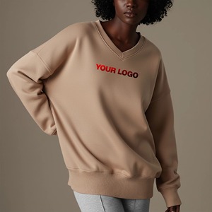 Nueva llegada, sudadera de mujer 100% algodón, color sólido, cuello en V, estilo oversize, ropa urbana, transpirable y cálida. - Product Image 3