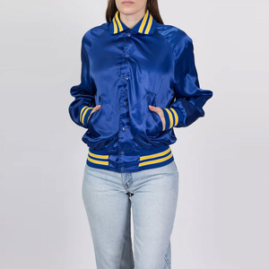 Veste en satin bleu roi vintage pour femme, col rabattu, poignets côtelés rayés jaunes, fermeture à boutons-pression, vente en gros OEM, modèle 2026 le plus vendu - Product Image 5