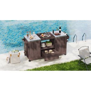 Isla de Cocina para Exteriores de Madera Sólida de 66.5 Pulgadas para Parrillas Big Green Egg, Carrito con Mesa de Acero Inoxidable para Camping - Product Image 6