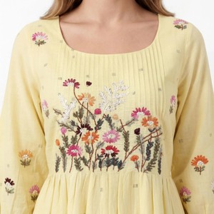 Women's Yellow Floral Embroidered Organza Henley Neck Puff Sleeve <b>Loose</b> Fit Knee-Length Casual Leisure <b>Dress</b> - Product Image 3