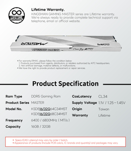 Master DDR5 Desktop <b>RAM</b> 16GB X2 6800MT/s Dual Channel Memory Module Silver Color - Product Image 5
