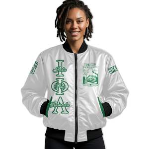 Chaqueta Personalizada para Mujer Iota Phi Lambda, Chaqueta Bomber Blanca con Escudo Griego en la Parte Delantera y Trasera, con Cierre de Cremallera - Product Image 1