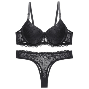 Women's Blue Lace Micro Bra Set with <b>Thong</b> Panty 2 Piece Sexy Neck Hollow Stretch Knitted Bikini Style Breathable Eco-Friendly - Product Image 2