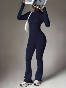 Fitted Compression <b>Exercise</b> Co Ord | Flare <b>Leg</b> Jogging Sweatsuit | Mock Neck Utility Pocket Performance Two Piece Set - Product Image 6