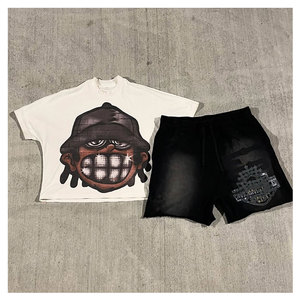 ชุดเซ็ตฤดูร้อนแบบยูนิเซ็กซ์ สปอร์ต สตรีทแวร์ ผ้าฝ้าย ชุดแทรคสูท เสื้อยืดและกางเกงขาสั้นผู้ชาย ล้างสีแบบแอซิด สไตล์ลำลอง เสื้อยืดน้ำหนักเบา - Product Image 4