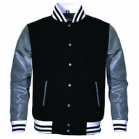 Veste universitaire bleu royal pour homme avec manches en cuir noir, col montant, vêtement décontracté pour l'automne