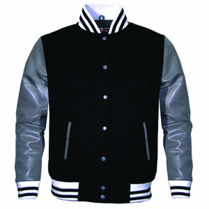 Men's Royal Blue Varsity <b>Jacket</b> With <b>Black</b> Leather Sleeves Stand Collar Casual Autumn Wear - Product Image 4