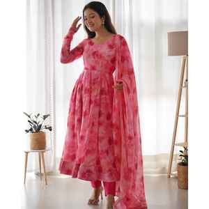 ENSEMBLE COSTUME ANARKALI ORGANZA DOUX PURE AVEC DKB-28 ENTIÈREMENT COUDU - Product Image 4