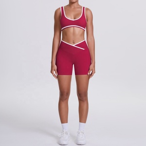<b>Red</b> Two-Piece Yoga Set Racerback <b>Crop</b> <b>Top</b> High Waist Shorts Contrast Binding Seamless Stretchable Workout Wear - Product Image 1