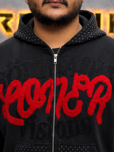 REXFIT SPORTS Men's Black Zip-Up <b>Hoodie</b> With <b>Red</b> Chenille Embroidery Heart Sleeve Print Relaxed Fit Streetwear Fleece Hood - Product Image 3