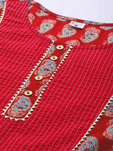Kurti Anarkali en coton marron pour femmes grandes tailles, avec imprimé floral, col rond et manches trois quarts - Product Image 4