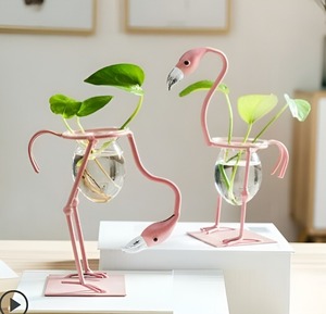 Jarrón de Vidrio Hidropónico para Decoración de Mesa de Oficina en Casa, Maceta de Vidrio con Flamenco Rosa Metálico - Product Image 3