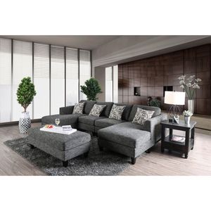 Set Divano Componibile in Ciniglia Grigia 5 Pezzi con Poltrona Senza Braccioli, Pouf e Chaise Longue, Divano Sezionale Imbottito con Cuscini per Arredamento Soggiorno - Product Image 1