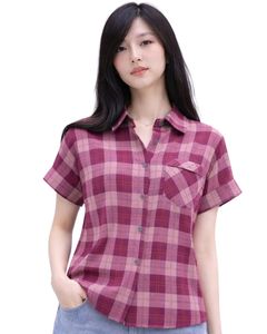 Custom Pink And Maroon Plaid Womens Short Sleeve Button Up Shirt Casual Summer Lightweight Breathable <b>Checkered</b> <b>Top</b> With Pocket - Product Image 1